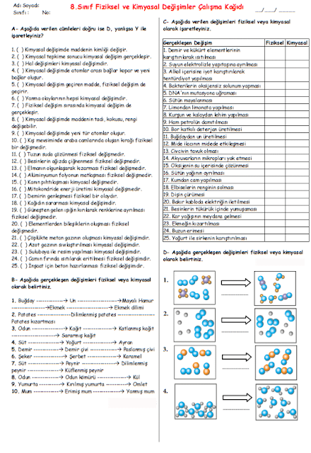 8 Sınıf Fiziksel ve Kimyasal Değişim Çalışma Kağıdı Fen Bilimleri