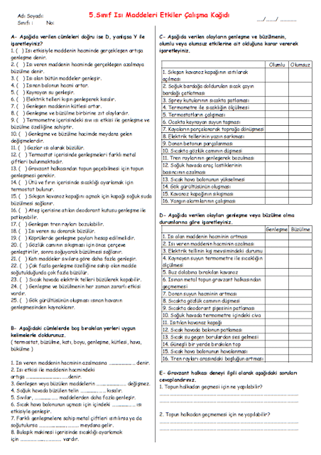 5.Sınıf Isı Maddeleri Etkiler Çalışma Kağıdı - Fen Bilimleri